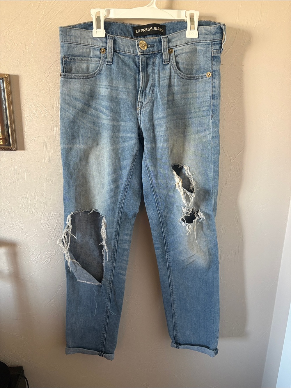 Express Light Blue Distressed Girlfriend Jean
